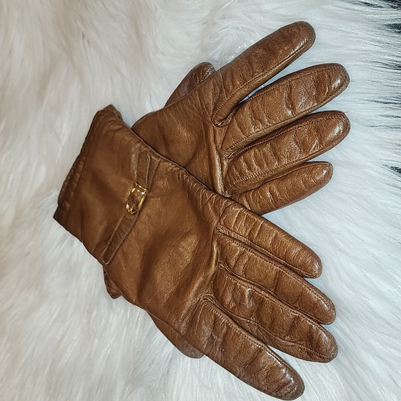 Saks 5th Avenue Pre-loved Brown Leather Gloves, Sz 7 in Good Condition - Picture 1 of 3